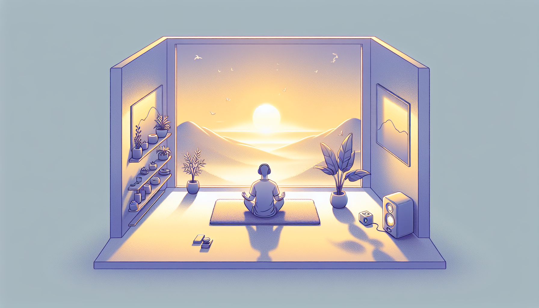 Illustration of peaceful meditation space with music player