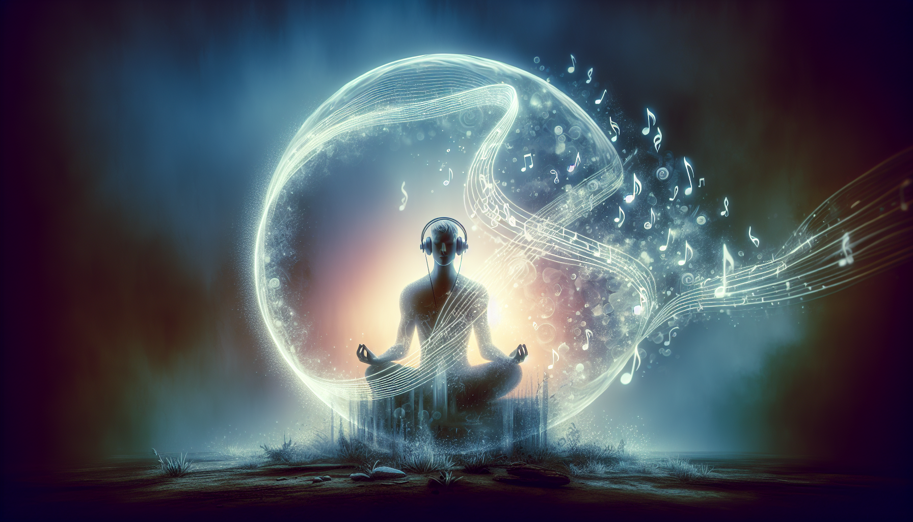 Illustration of person meditating with music notes