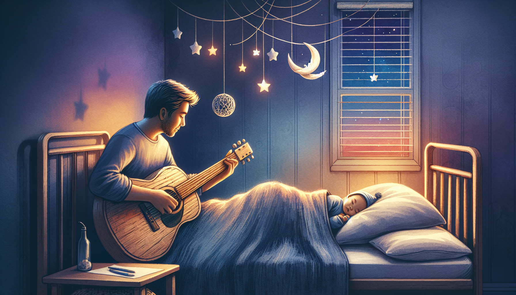 Illustration of a parent playing soothing music for a child at bedtime