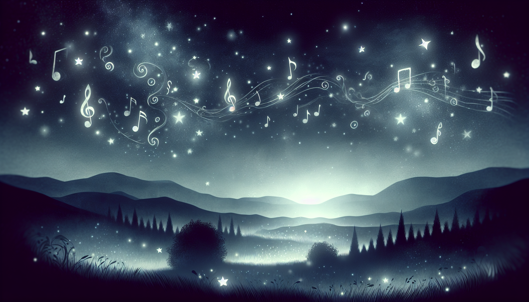 Illustration of a tranquil night scene with musical notes floating in the air