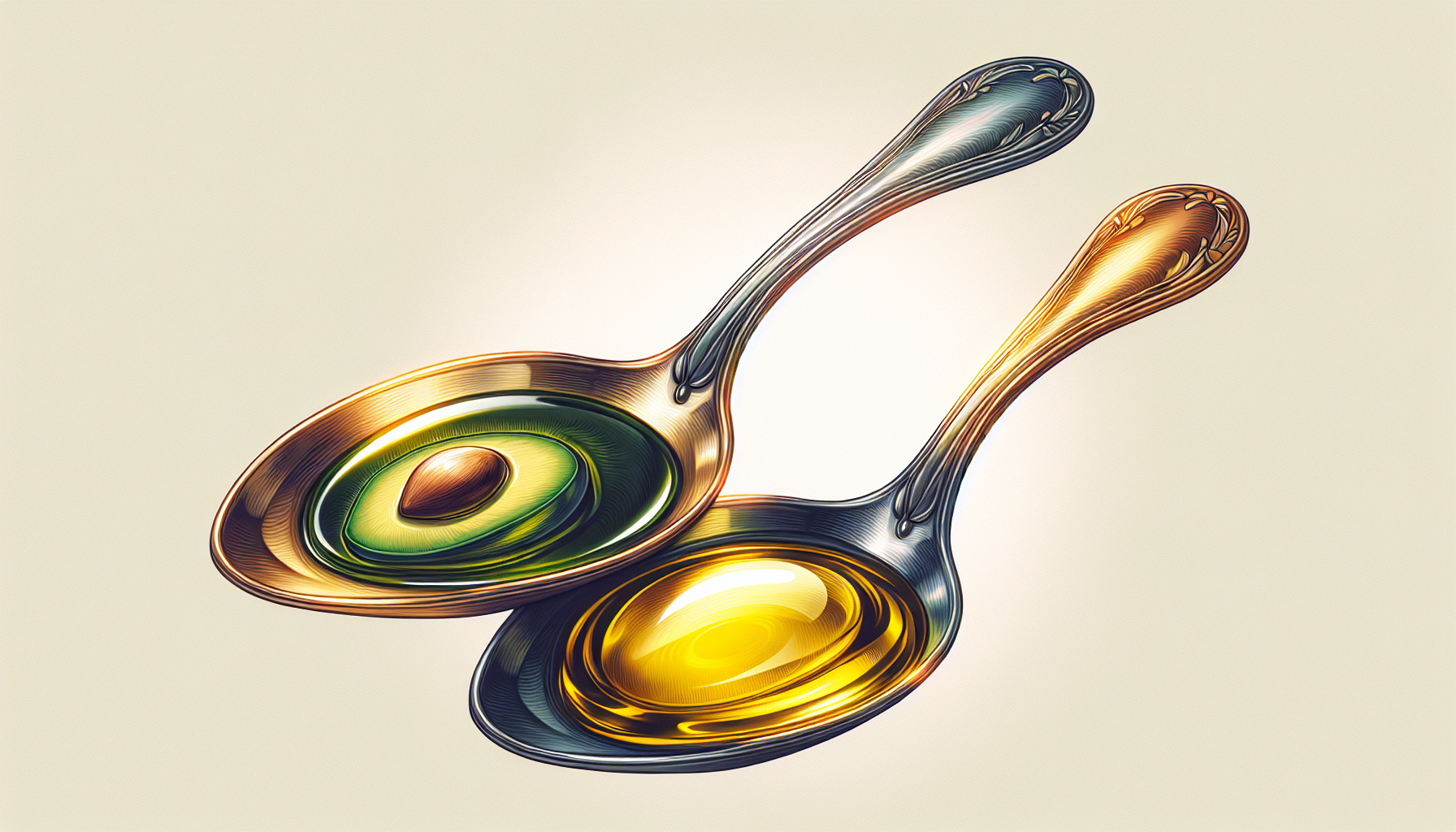 Tasting spoons with avocado oil and olive oil