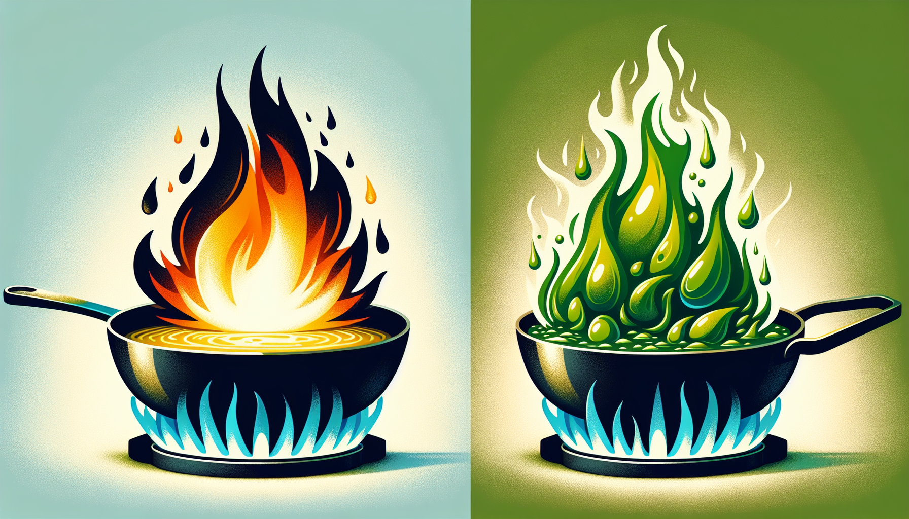 Avocado and olive oil in cooking pans
