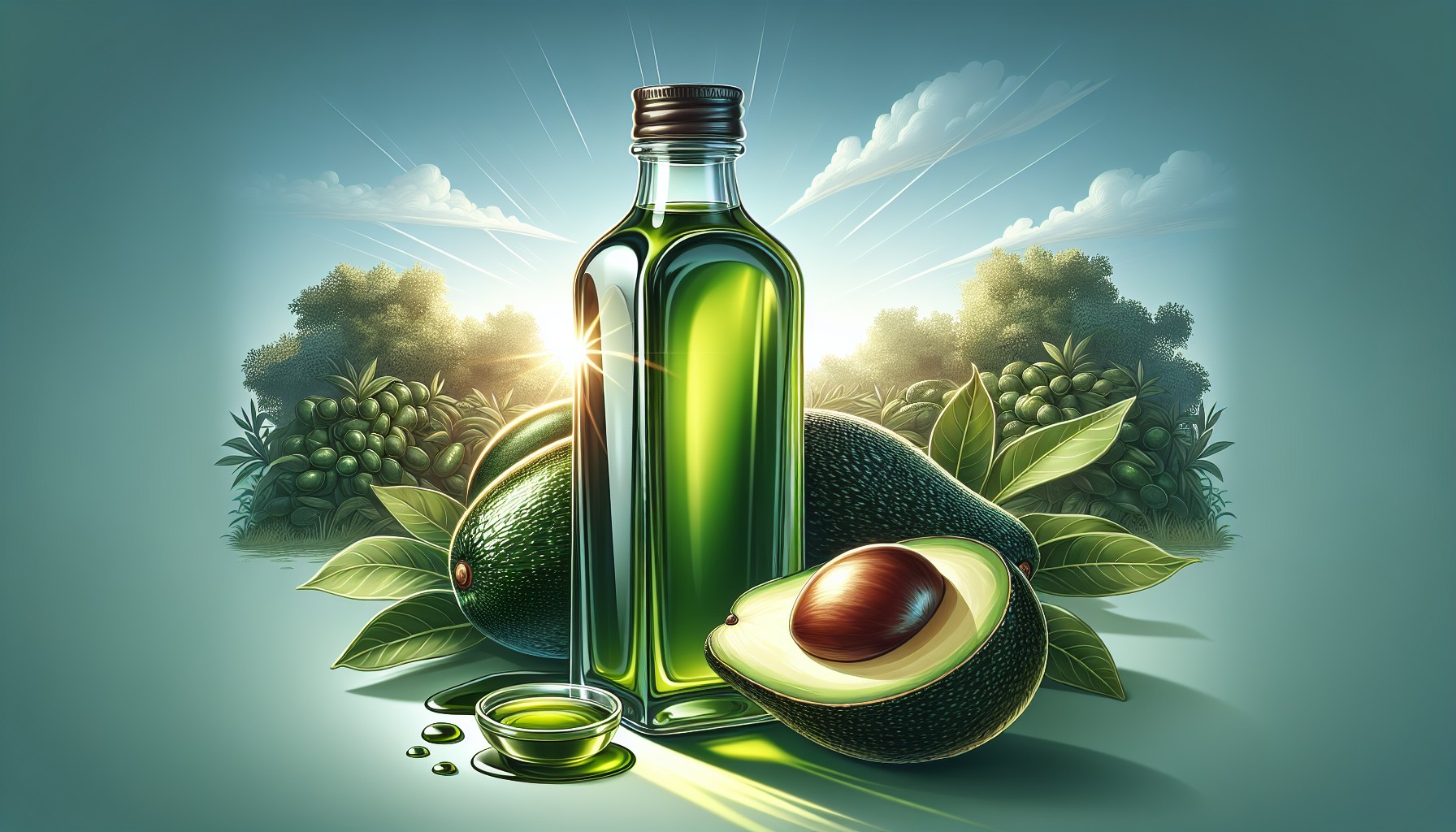 Bottle of avocado oil and fresh avocados